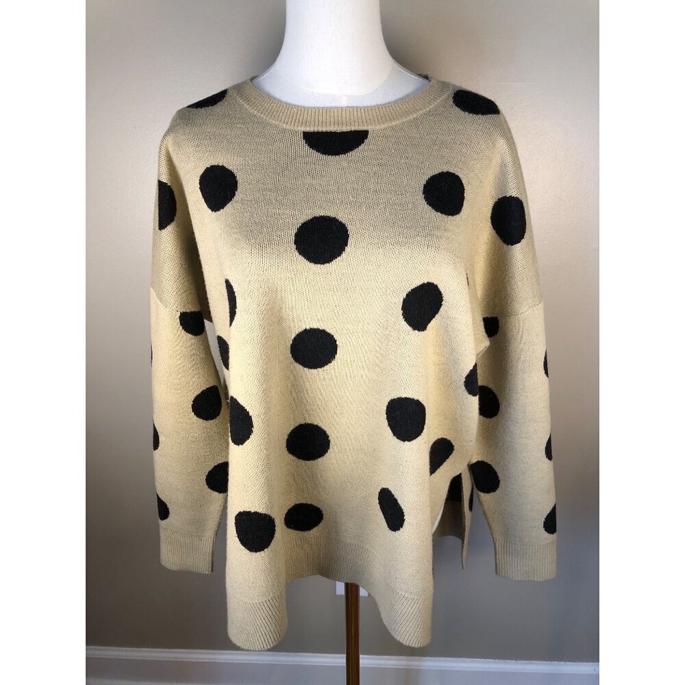 Mud Pie Gracie Polka Dot Sweater Tan/Black Size S Soft Knit With Side Slits